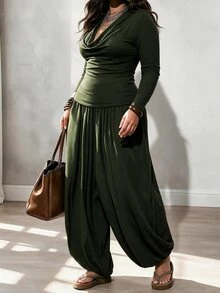 Linhara CURVE Plus Size Solid Knit 2 Pieces Loungewear Set, Draped Neck Top & Loose Harem Pants, Casual Home Wear Fall - Army Green - View 6