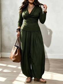Linhara CURVE Plus Size Solid Knit 2 Pieces Loungewear Set, Draped Neck Top & Loose Harem Pants, Casual Home Wear Fall - Army Green - View 5