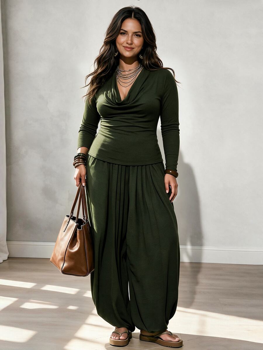 Linhara CURVE Plus Size Solid Knit 2 Pieces Loungewear Set, Draped Neck Top & Loose Harem Pants, Casual Home Wear Fall - Army Green - View 1