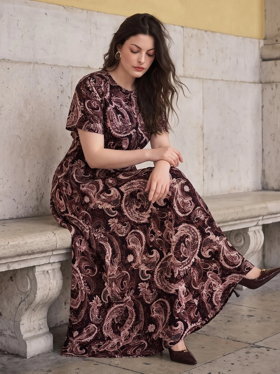 Anewsta Fashionable Modern Casual Commute Paisley Print Women's Dress - Black - View 1
