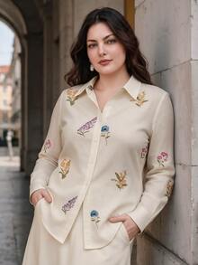 Anewsta Elegant Romantic Random Embroidered Floral Long Sleeve Design Pleated Vacation Style Faux Linen Plus Size Shirt Brunch Morning White Fall - Multicolor - View 4