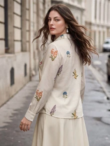 Anewsta Elegant Romantic Random Embroidered Floral Long Sleeve Design Pleated Vacation Style Faux Linen Plus Size Shirt Brunch Morning White Fall - Multicolor - View 2