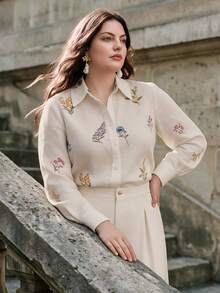 Anewsta Elegant Romantic Random Embroidered Floral Long Sleeve Design Pleated Vacation Style Faux Linen Plus Size Shirt Brunch Morning White Fall - Multicolor - View 5