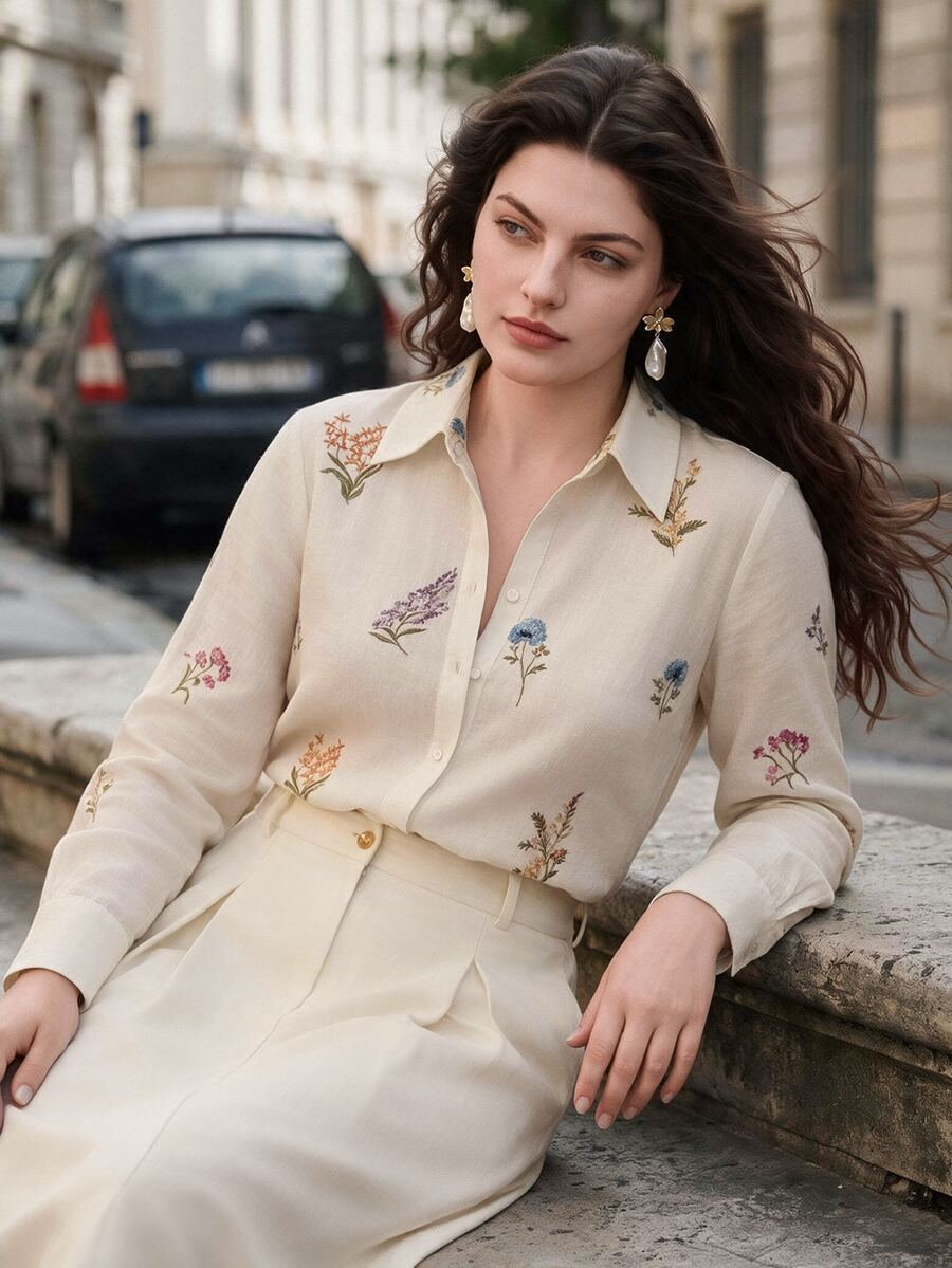Anewsta Elegant Romantic Random Embroidered Floral Long Sleeve Design Pleated Vacation Style Faux Linen Plus Size Shirt Brunch Morning White Fall - Multicolor - View 1