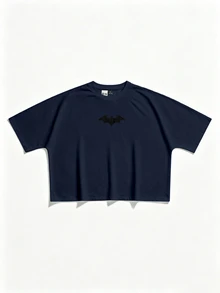 BATMAN X SHEIN STYNVO Men's Bat Print Crew Neck Short Sleeve Casual T-Shirt - Navy Blue - View 2