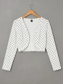 SHEIN EZwear 女款黑白波點圖案長袖開襟輕便外套，日常約會秋季法式可愛風 - 白色 - 查看 5