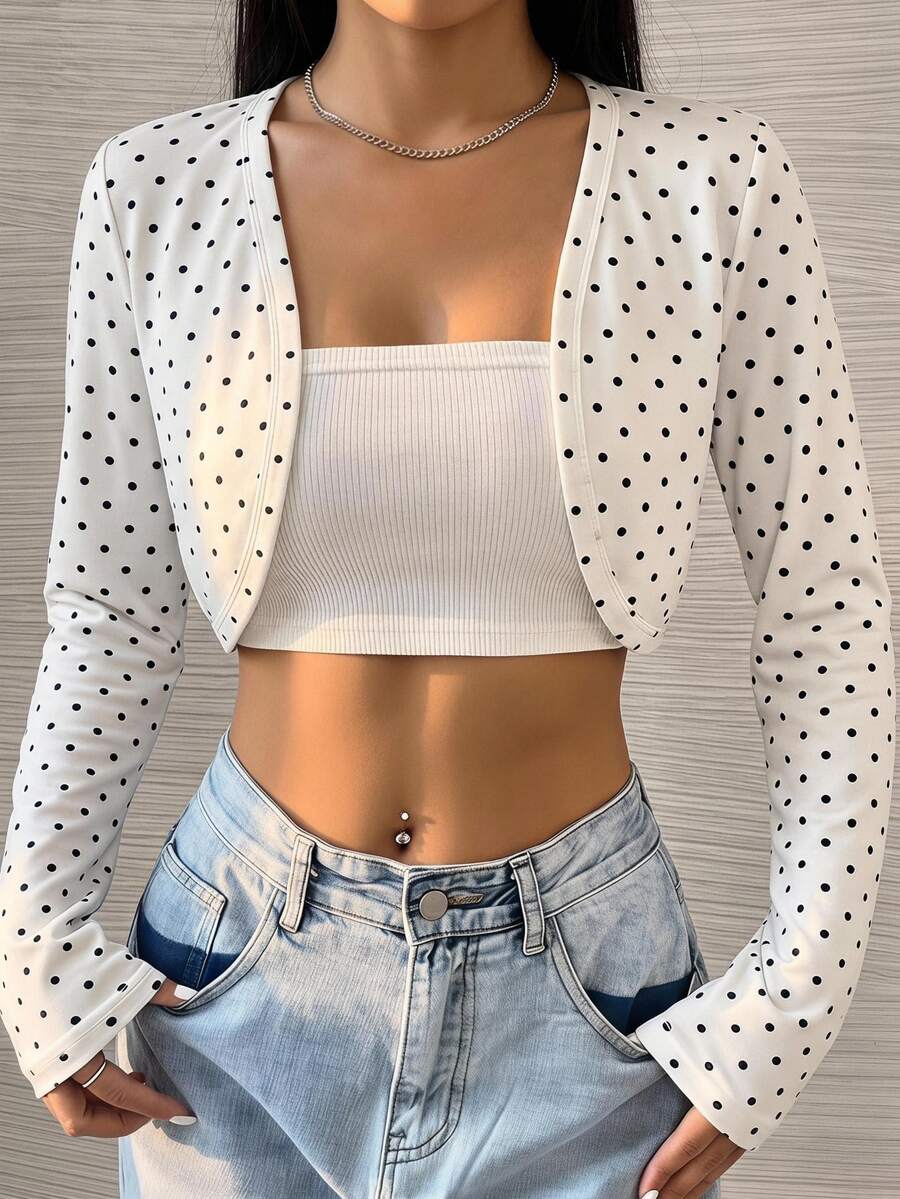 SHEIN EZwear 女款黑白波點圖案長袖開襟輕便外套,日常約會秋季法式可愛風 - 白色 - 查看 1