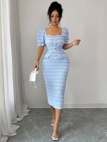 Elenzga New Arrival Square Neck Short Sleeve Textured Knit Elegant Versatile Fitted Midi Dress For Women Brunch Date Light Blue Summer - Blue - View 5