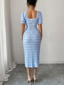 Elenzga New Arrival Square Neck Short Sleeve Textured Knit Elegant Versatile Fitted Midi Dress For Women Brunch Date Light Blue Summer - Blue - View 2