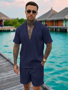 VENTUSAIL Men's Solid Color Casual Vacation Shirt & Shorts Set - Navy Blue - View 1