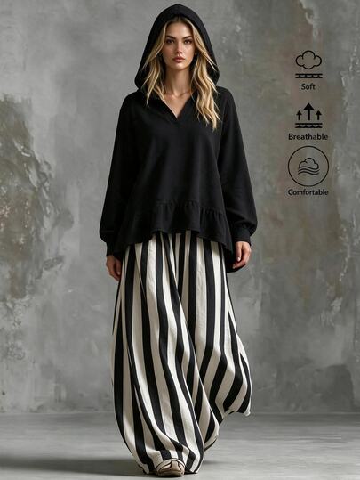 Omancia Women's Black White Vertical Striped Jogger Lantern Pants + Hooded Loose Sweatshirt 2 Pieces Set Formal Holiday Autumn Casual Granny