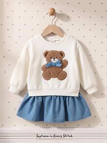 Cozy Pixies 新生兒刺繡熊貼布裝飾荷葉邊下擺連身衣套裝洋裝 - 藍色 - 查看 3