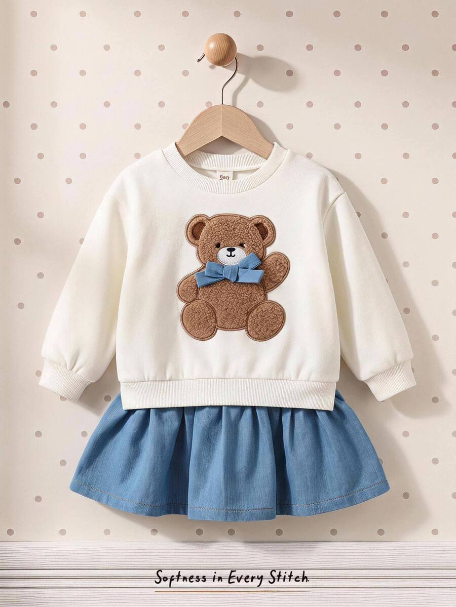 Cozy Pixies Newborn Baby Embroidery Bear Patched Ruffle Hem Combo Bodysuit Dress - Blue - View 1