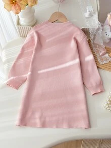 SHEIN 4-7歲女童粉色圓領長袖針織洋裝 全身3D蝴蝶結 A字裙 幼兒嬰兒洗禮會 秋季公主風 搭配娃娃洋裝 - 粉色 - 查看 2