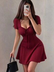 Elenzga New Summer Buttercream Knitted Jacquard Sexy Slim Fit Tie-Front Mini Dress For Women - Burgundy - View 2