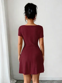 Elenzga New Summer Buttercream Knitted Jacquard Sexy Slim Fit Tie-Front Mini Dress For Women - Burgundy - View 7