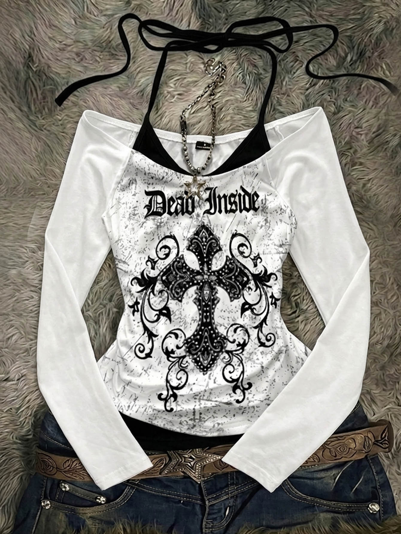 Attitoon Women's 2 In 1 Halter Neck Cross Print Casual Everyday T-Shirt - Black and White - View 1