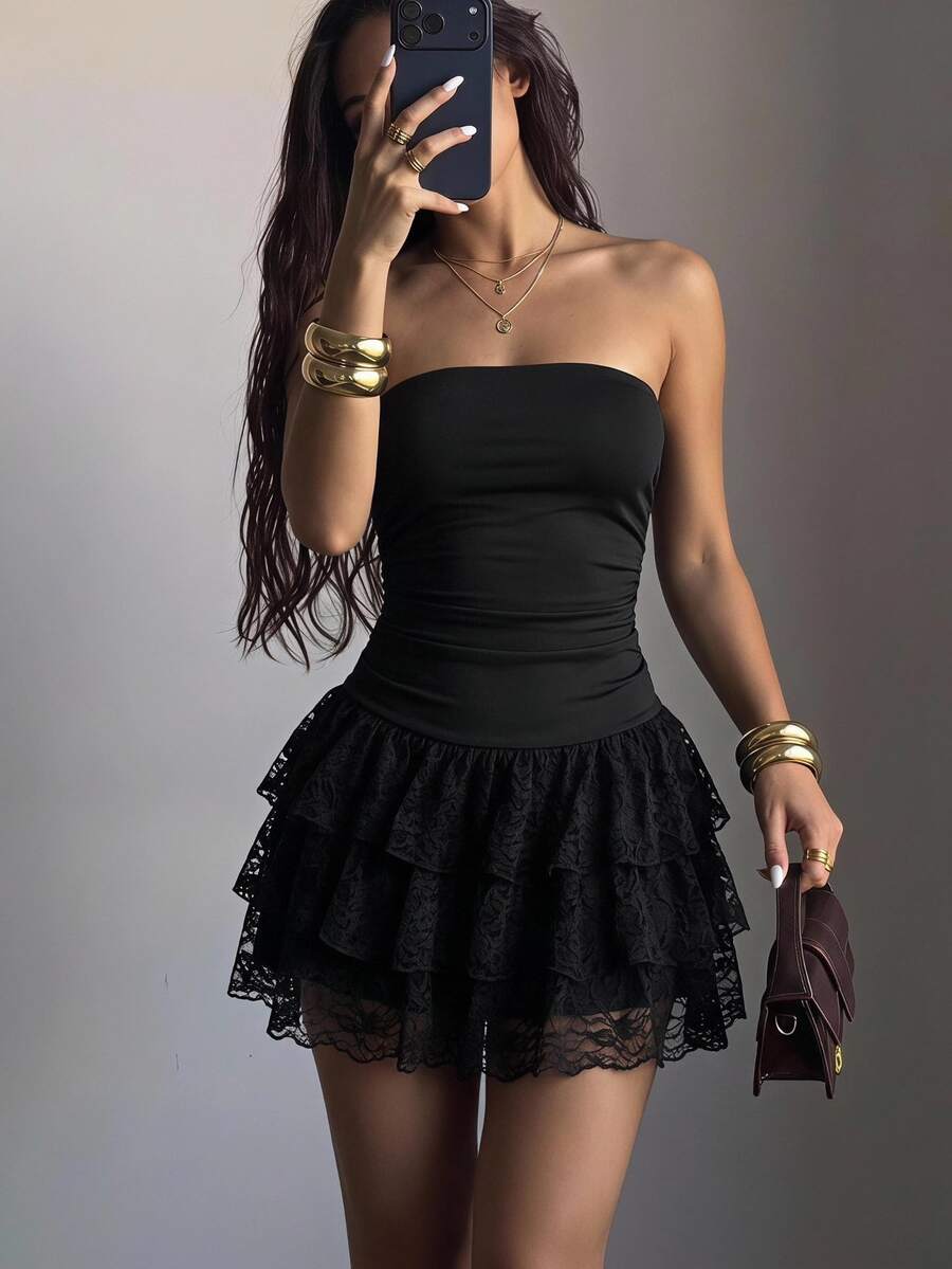 SHEIN EZwear Women's Solid Color Ruched Elegant Sexy Waist-Cinching Party Club Travel Mini Strapless Dress Halloween Black Summer