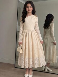 SHEIN 青少年女孩杏色針織蕾絲不對稱單肩中長洋裝，金色花朵裝飾，優雅單肩設計，秋冬童裝 - 杏色 - 查看 8