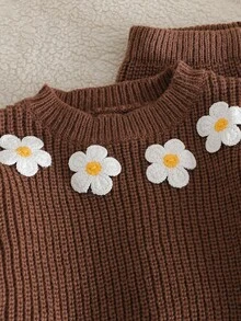 女童刺繡長袖毛衣與針織長褲套裝 - 咖啡棕 - 查看 4
