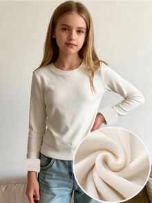 SHEIN Sparklyn 青少年女孩冬季抓絨上衣，可愛棕黑白配色，修身長袖圓領休閒寬鬆T恤，適合學校、大學、正式場合、假期、舞會 - 白色 - 查看 4