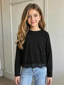 SHEIN Tween Girls' Ribbed Scoop Neck Elastic Fitted All-Match Versatile Long Sleeve T-Shirt, Comfortable/Halloween,Glowmode,Fall, Back To School, Fall Tops - Black - View 1