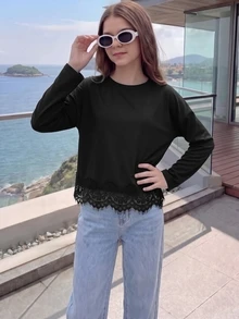 SHEIN Tween Girls' Ribbed Scoop Neck Elastic Fitted All-Match Versatile Long Sleeve T-Shirt, Comfortable/Halloween,Glowmode,Fall, Back To School, Fall Tops - Black - View 4