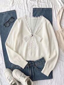 Elamini Women's Casual Versatile Sweet Bow Lace Collar Daily Commute Date Outfit Autumn Winter Pullover Sweater - Apricot - View 7