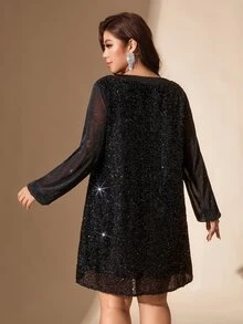 SHEIN LUNE 大尺碼精緻百搭亮片蝴蝶結肩帶洋裝，黑色優雅款，適合秋季聖誕節、萬聖節雞尾酒會派對 - 黑色 - 查看 2