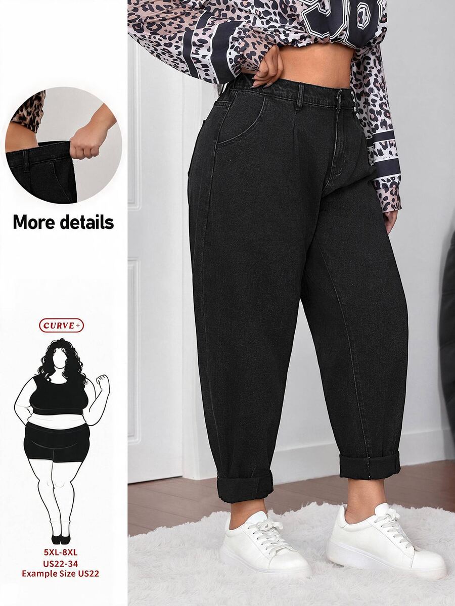 SHEIN CURVE+ 大码休闲简约纯色锥形牛仔裤 - 黑色 - 查看 1