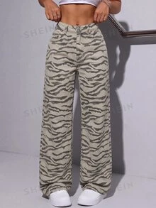 SHEIN Tall 迷彩復古水洗直筒牛仔褲，休閒時尚，適合高個女性日常穿著 - 彩色 - 查看 7
