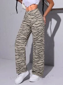 SHEIN Tall 迷彩復古水洗直筒牛仔褲，休閒時尚，適合高個女性日常穿著 - 彩色 - 查看 6
