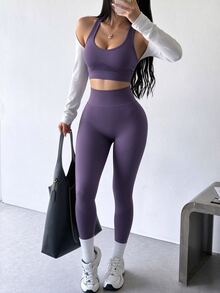 Dewbera Dewbera Women's Solid Color Cropped Tank Top & Leggings Sports Set - Purple - View 7