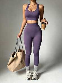 Dewbera Dewbera Women's Solid Color Cropped Tank Top & Leggings Sports Set - Purple - View 5