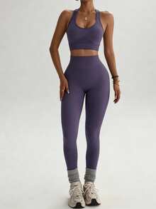 Dewbera Dewbera Women's Solid Color Cropped Tank Top & Leggings Sports Set - Purple - View 3