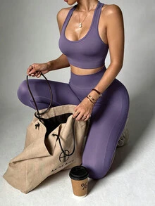 Dewbera Dewbera Women's Solid Color Cropped Tank Top & Leggings Sports Set - Purple - View 2