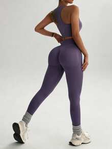 Dewbera Dewbera Women's Solid Color Cropped Tank Top & Leggings Sports Set - Purple - View 4