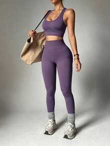 Dewbera Dewbera Women's Solid Color Cropped Tank Top & Leggings Sports Set - Purple - View 6