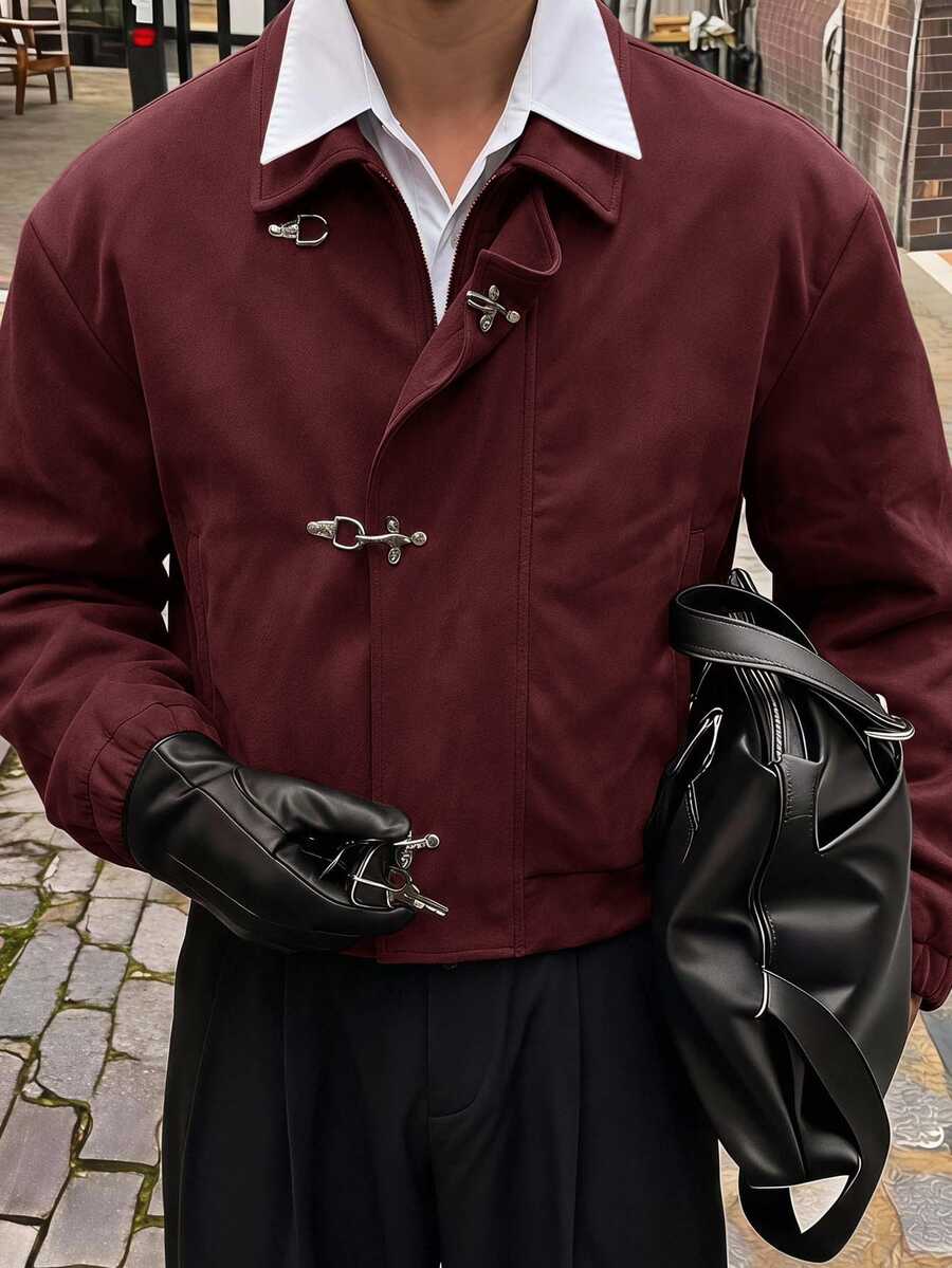 AXEPEAK Men's Solid Color Airplane Buckle Casual Smart Casual Retro Versatile Daily Travel Long Sleeve Jacket Vacation Burgundy Red Fall - Burgundy - View 1