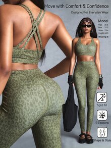 Innovista Innovista 女款豹紋短版上衣與緊身褲休閒日常運動套裝 - 軍綠色 - 查看 3