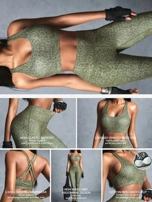 Innovista Innovista 女款豹紋短版上衣與緊身褲休閒日常運動套裝 - 軍綠色 - 查看 10