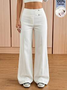 SHEIN EZwear Regular Solid White Women's Long Pants With Square Buckle - White - View 1