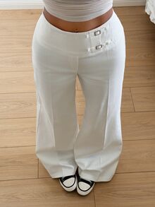 SHEIN EZwear Regular Solid White Women's Long Pants With Square Buckle - White - View 6