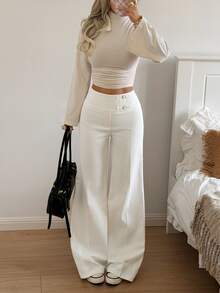 SHEIN EZwear Regular Solid White Women's Long Pants With Square Buckle - White - View 5