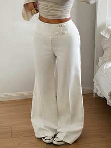 SHEIN EZwear Regular Solid White Women's Long Pants With Square Buckle - White - View 3
