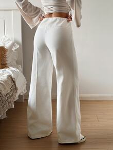 SHEIN EZwear Regular Solid White Women's Long Pants With Square Buckle - White - View 2