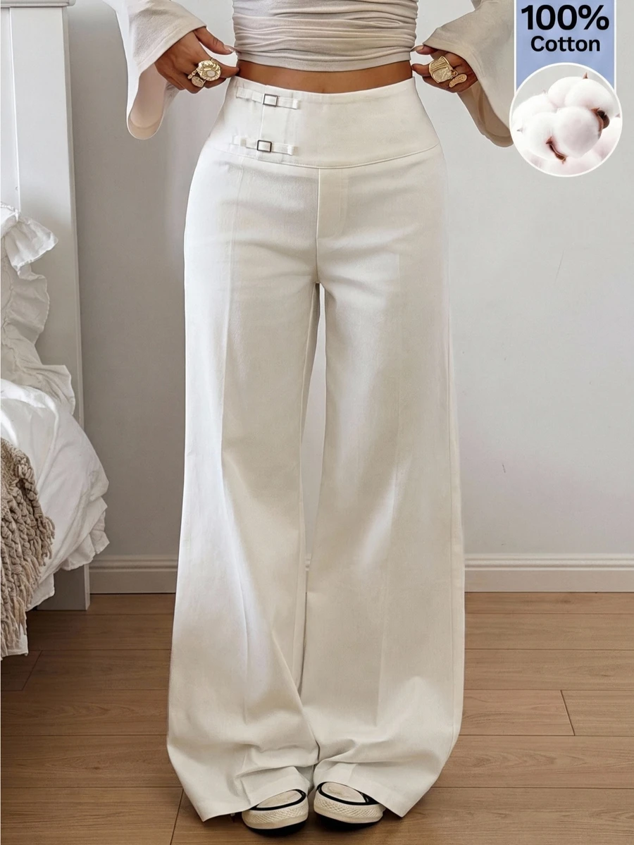 SHEIN EZwear Regular Solid White Women's Long Pants With Square Buckle - White - View 1