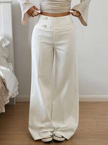SHEIN EZwear Regular Solid White Women's Long Pants With Square Buckle - White - View 4