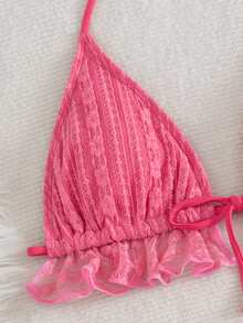 SHEIN Swim 3pcs Women's Solid Color Ruffle Halter Bikini Set With Knotted Skirt Beach Vacation Party Hot Pink Summer Sexy Tropical Tropical - Watermelon Pink - View 7