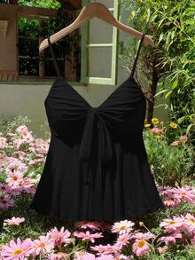 SHEIN MOD Plus Size Black Valentine's Day Mesh Camisole, Bow Strap Tea Party Vacation Vacation Summer Elegant - Black - View 6